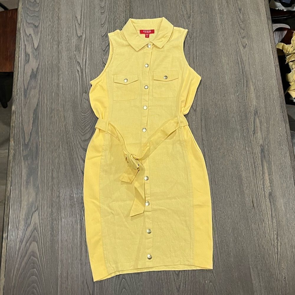 NWOT Guess Los Angeles Linen Blend Yellow Collared Utility Tie Waist Dress Sz M